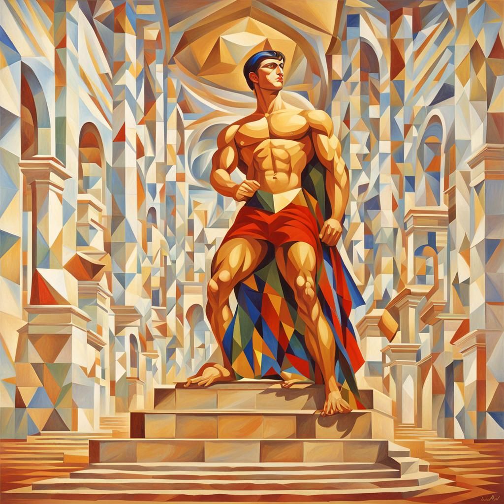 Muscle Man in Golden Palace: Abstract Cubism Style
