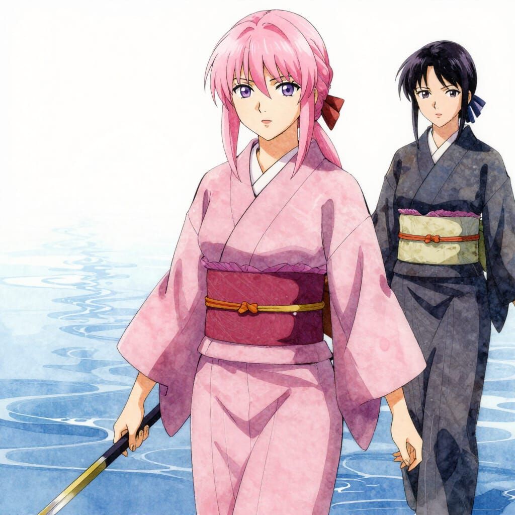 Pink Haired Ninja Training Montage in Watercolor Style