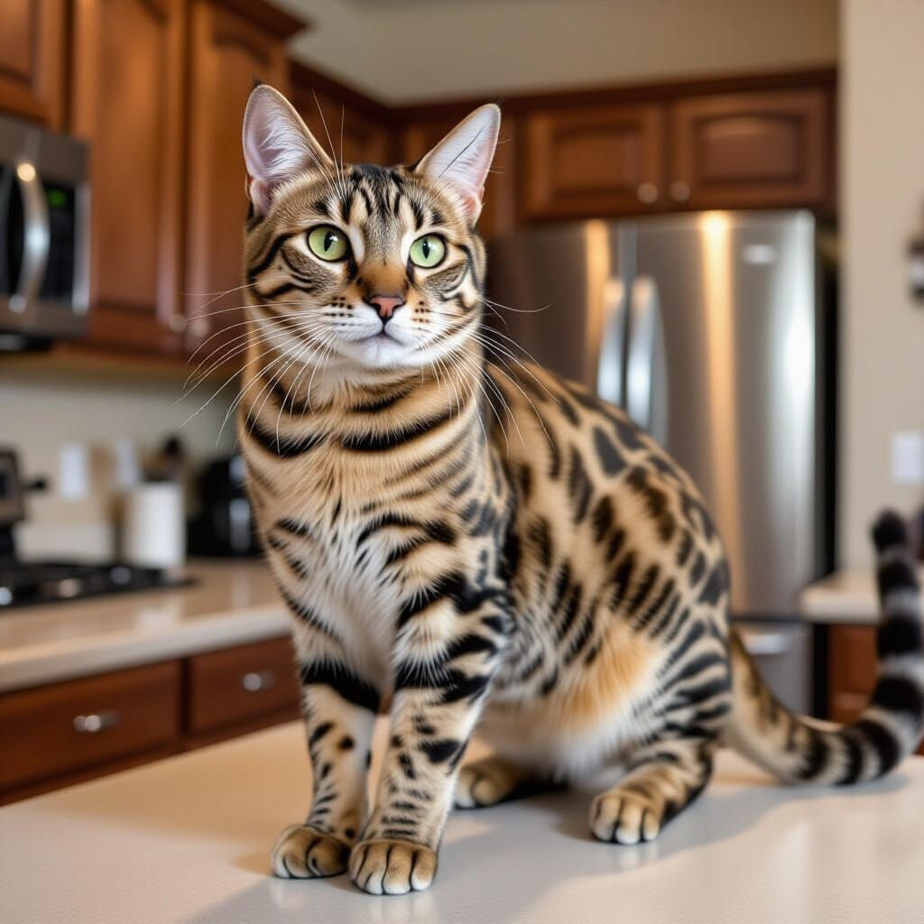 Very large Savannah cat in the home, standing at a counter