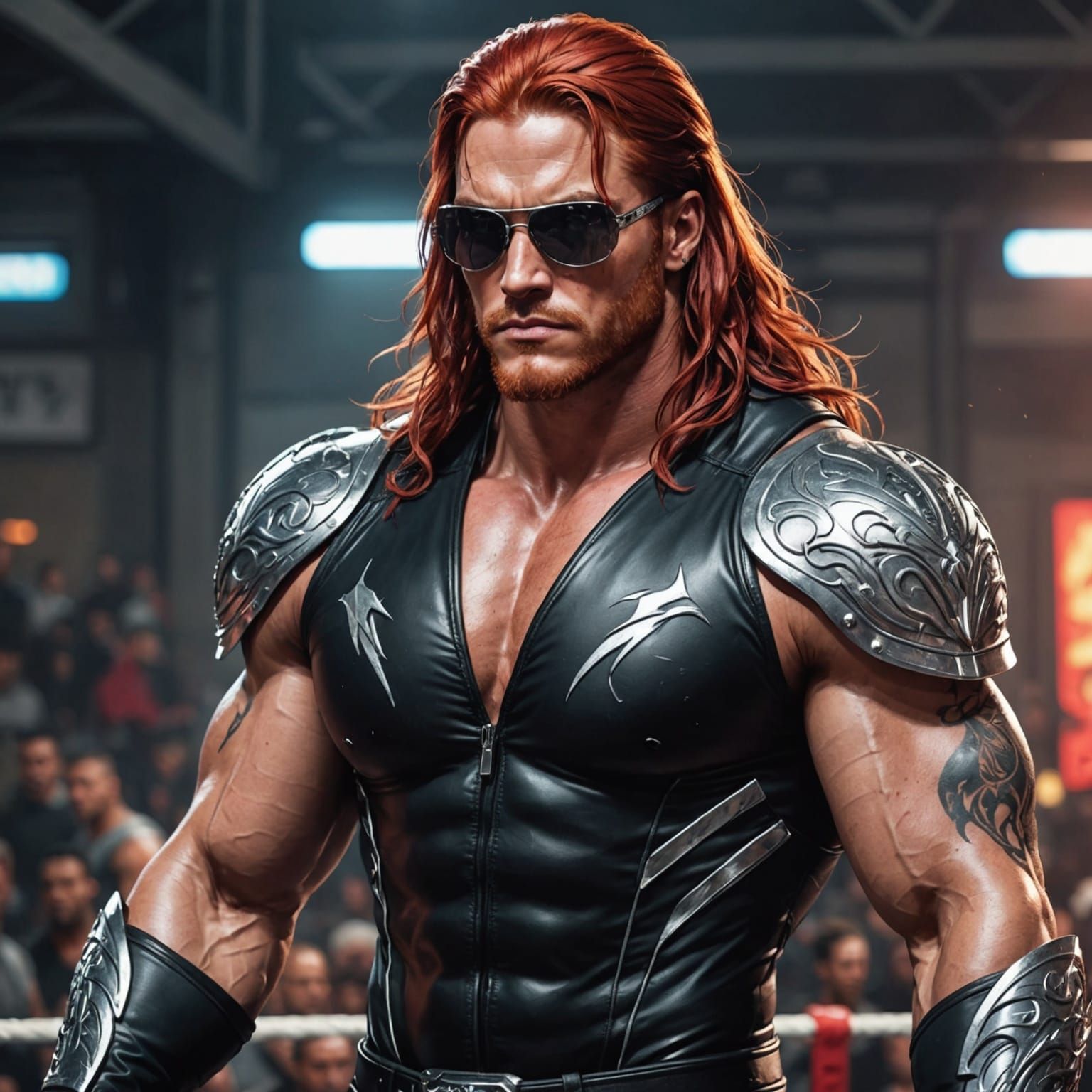 Tattooed Wrestler in Silver Shades, Black Leather, and Red H...