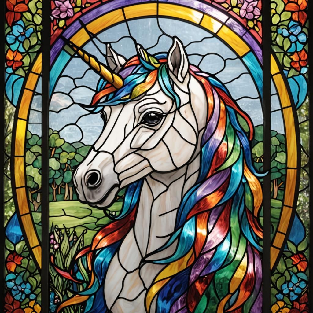 Rainbow Unicorn in Stained Glass Style