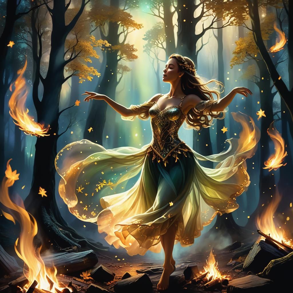 Mystical Forest Dance: Ethereal Dark Fantasy Illustration