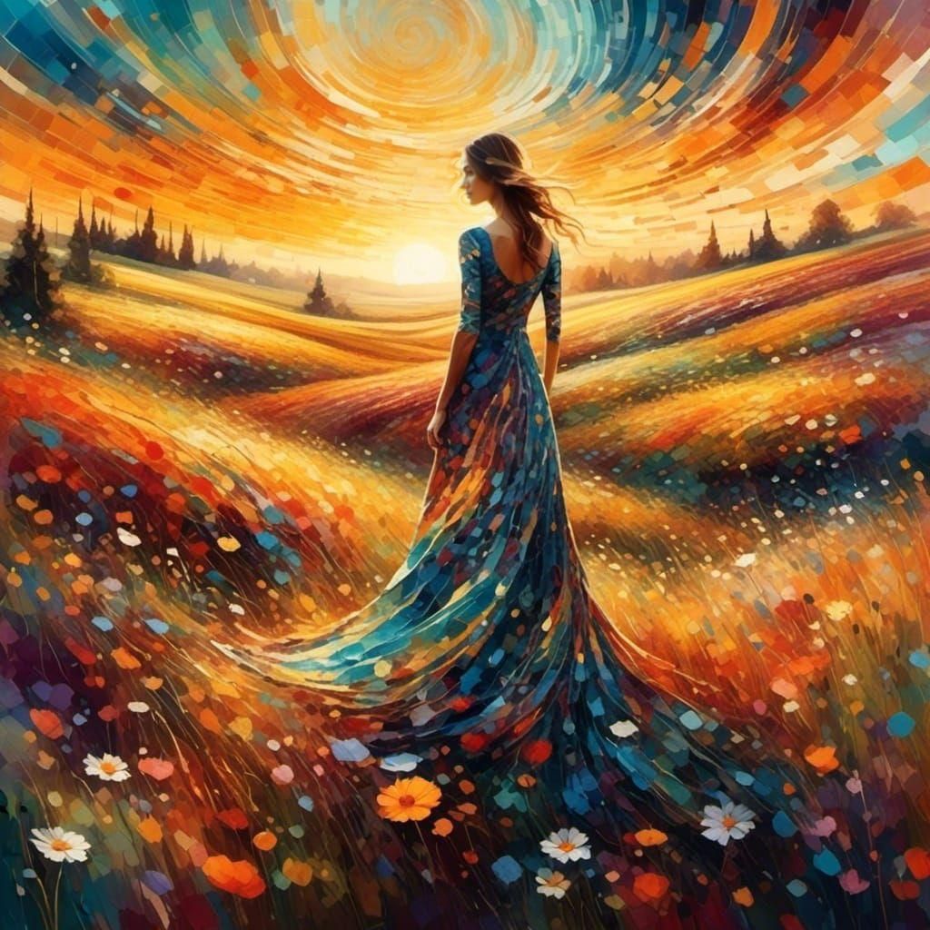 Woman in Optical Illusion Dress in Flower Meadow