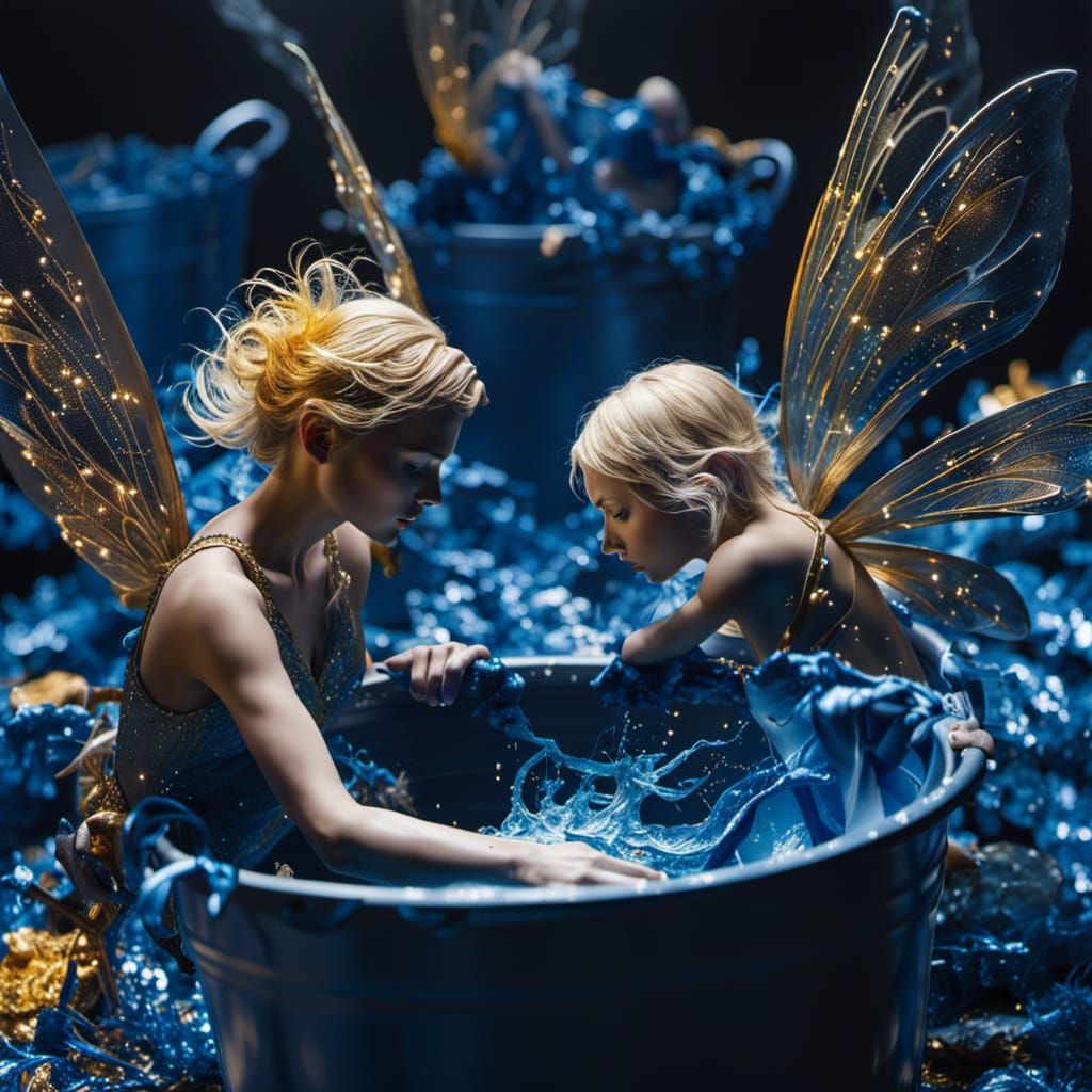Fairies Playing in Blue Paint: Hyperrealistic Art
