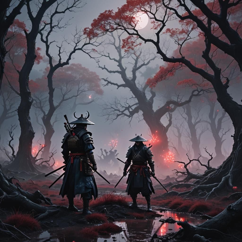 Samurai Ghost on Battlefield with Bioluminescent Mushrooms