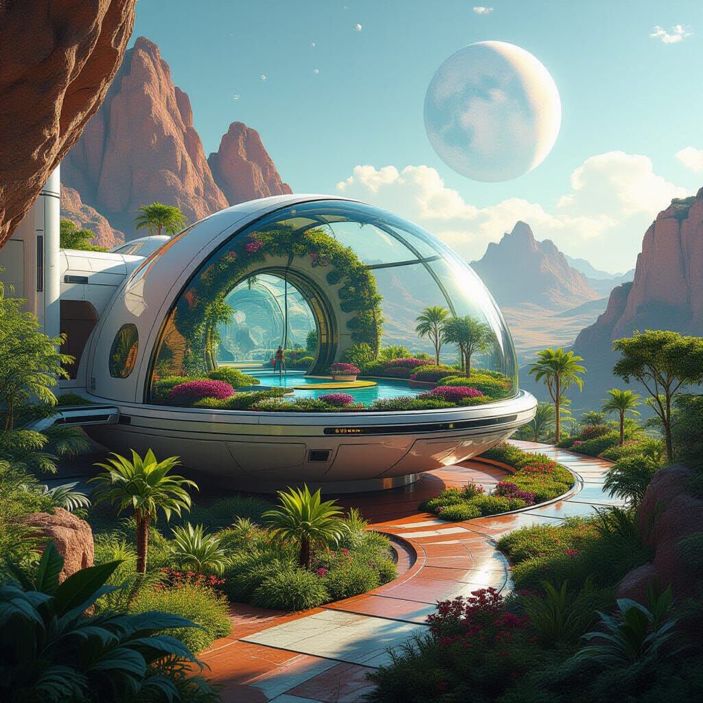 Lush Gardens in Mars Dome Habitat: Holographic Illustration