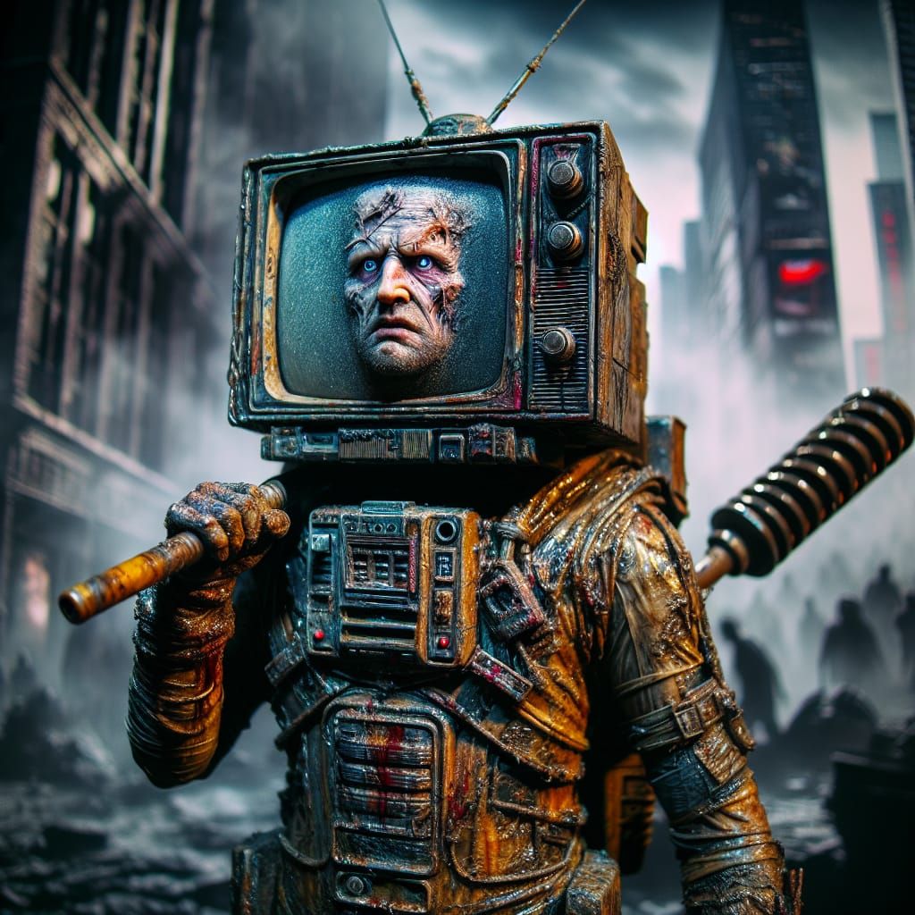 Battle-Worn TV Humanoid in Dystopian Cityscape