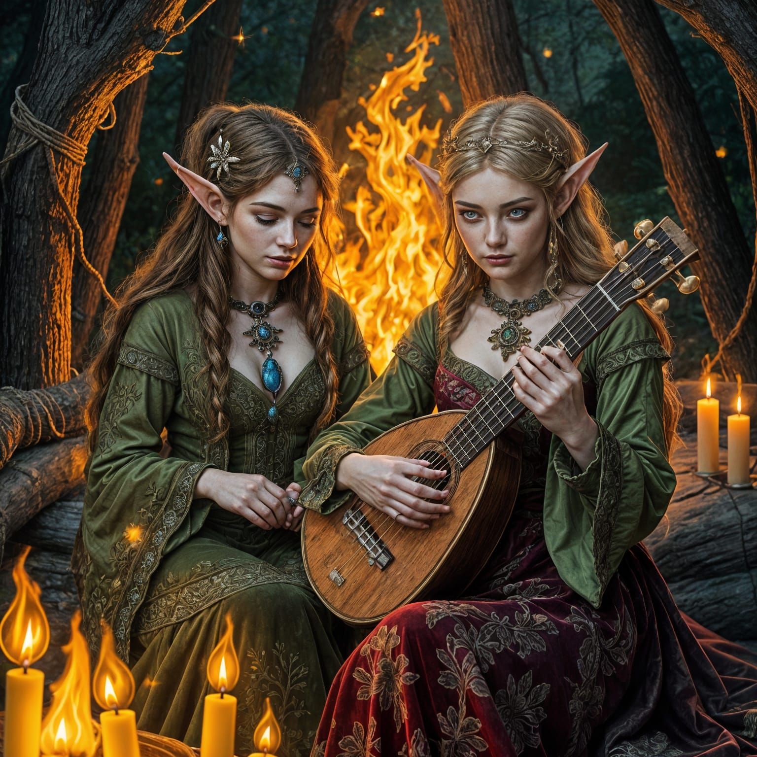 Two Elves Playing Lute by Campfire