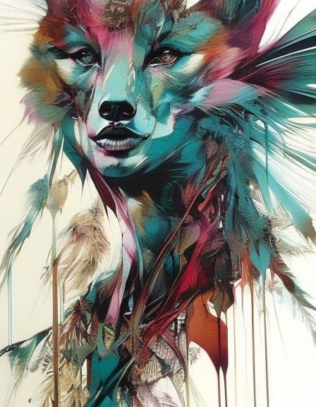 Detailed Wolf Portrait in Mixed Media Style