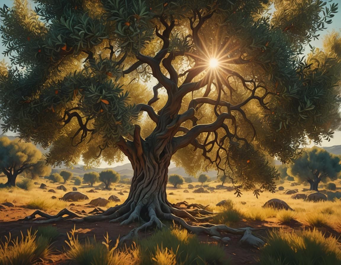 Olive Tree in Meadow Swaying in Wind