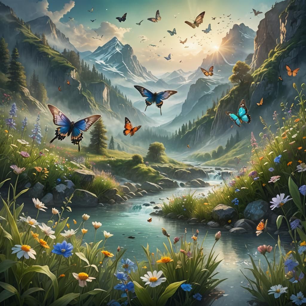 Mountain River Landscape with Birds and Butterflies
