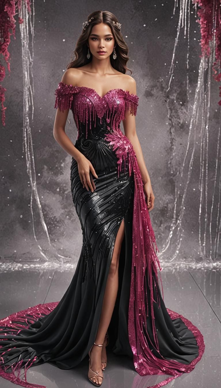 Fuchsia and Black Evening Gown: Fantasy Concept Art