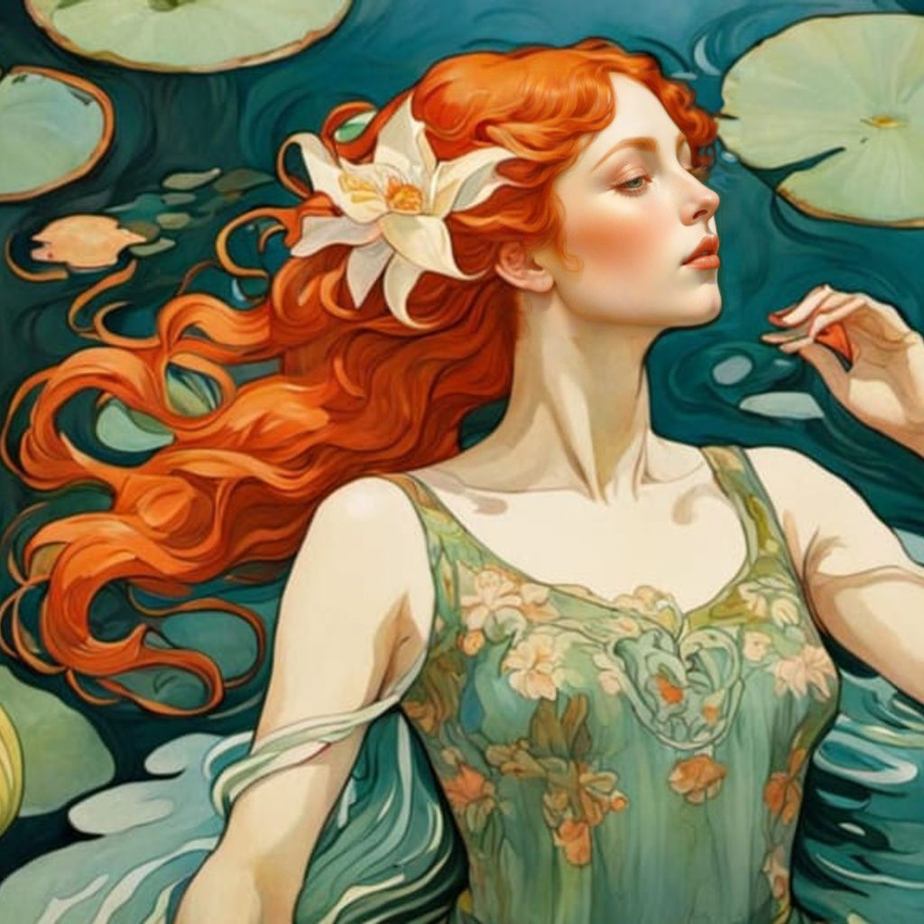 Redheaded Siren in Alphonse Mucha Art Nouveau Style