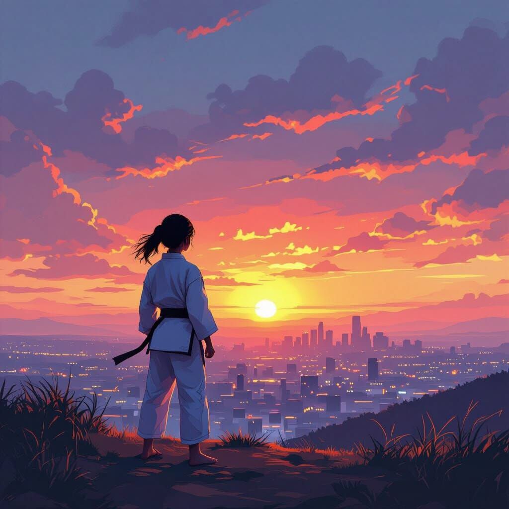 Girl in Karate Gi at Sunset, Futuristic Painting