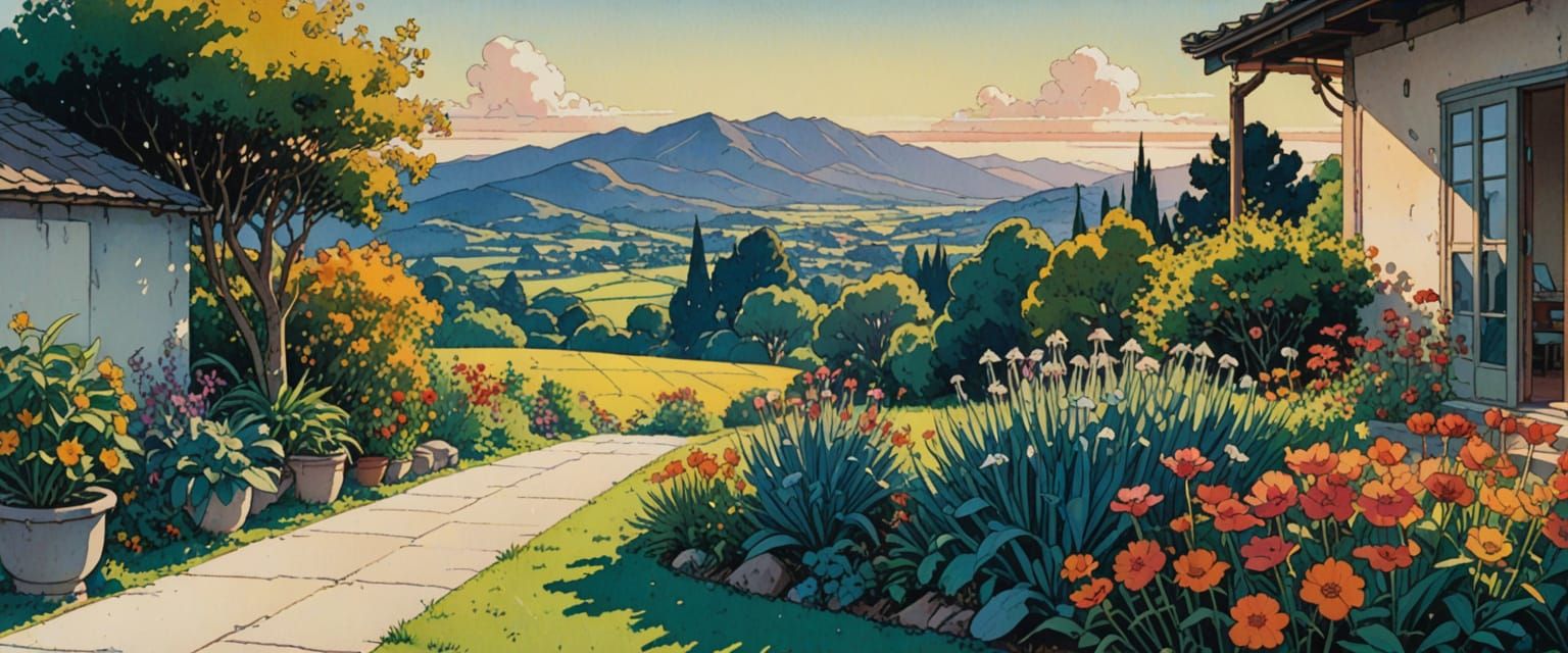 Ghibli Style House Under a Watercolor Sky