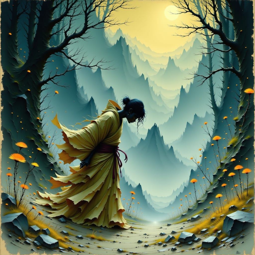 Ethereal Spirit Fleeing Through Misty Mountain Pass