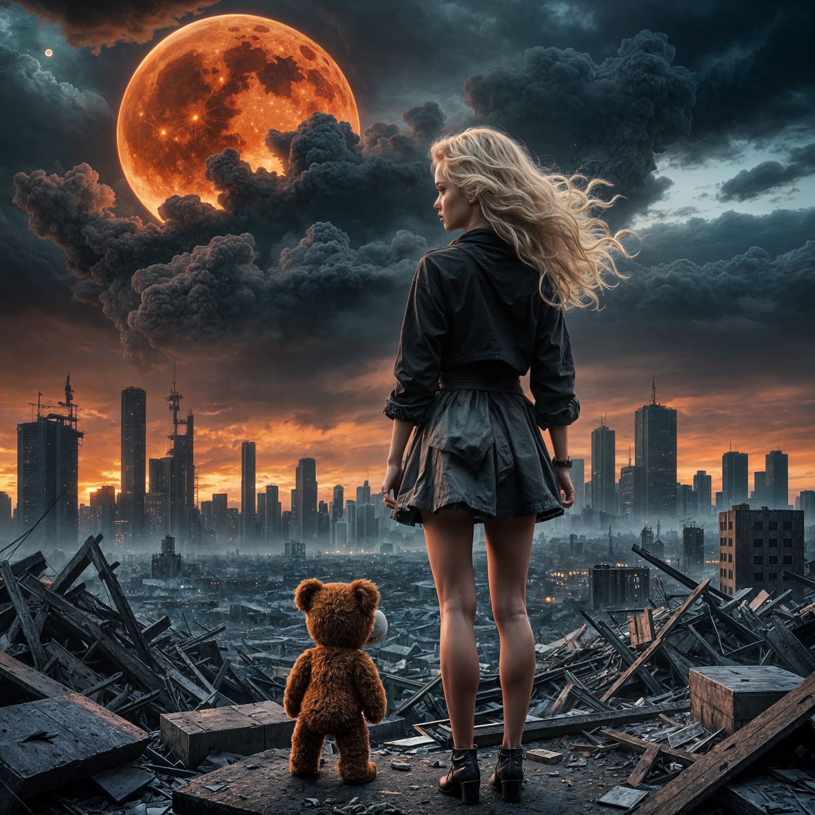 Apocalyptic Cityscape with Woman and Teddy Bear