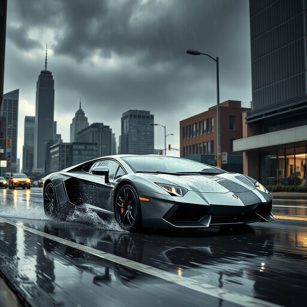 Lamborghini in Rainy Cityscape, Cinematic Style