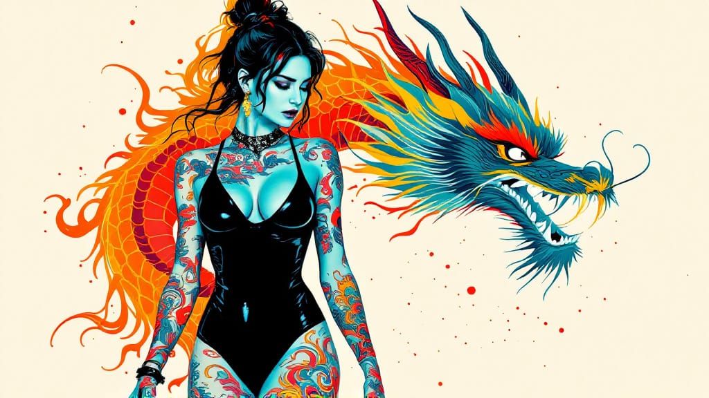 Woman with Vibrant Tattoos in Risograph Style