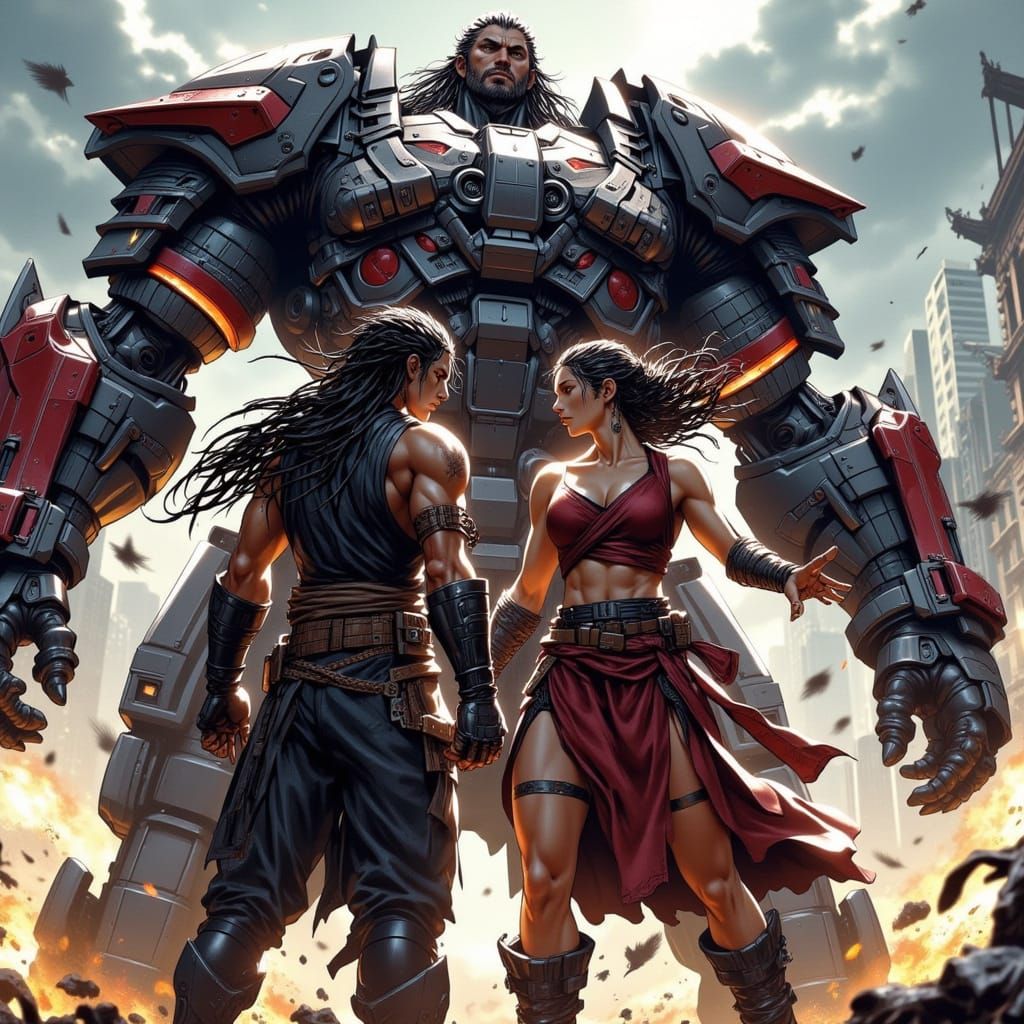 Couple in Armor Fights Mecha in Futuristic City Manga Style