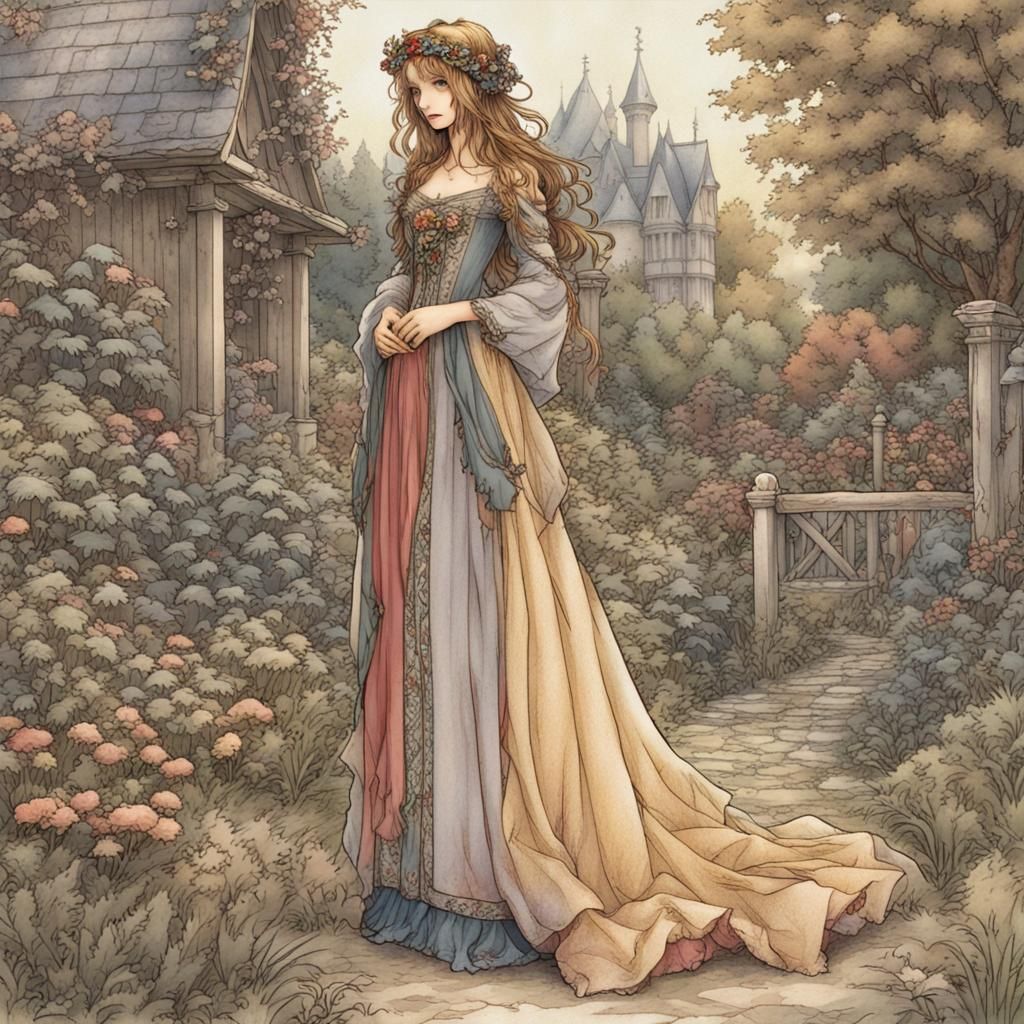 Medieval Maiden in Sinopia Gown, Arthur Rackham Style
