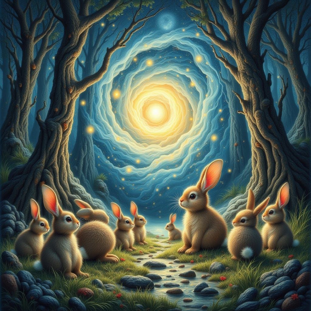 Whimsical Rabbits Discover Cosmic Portal in Moonlit Forest