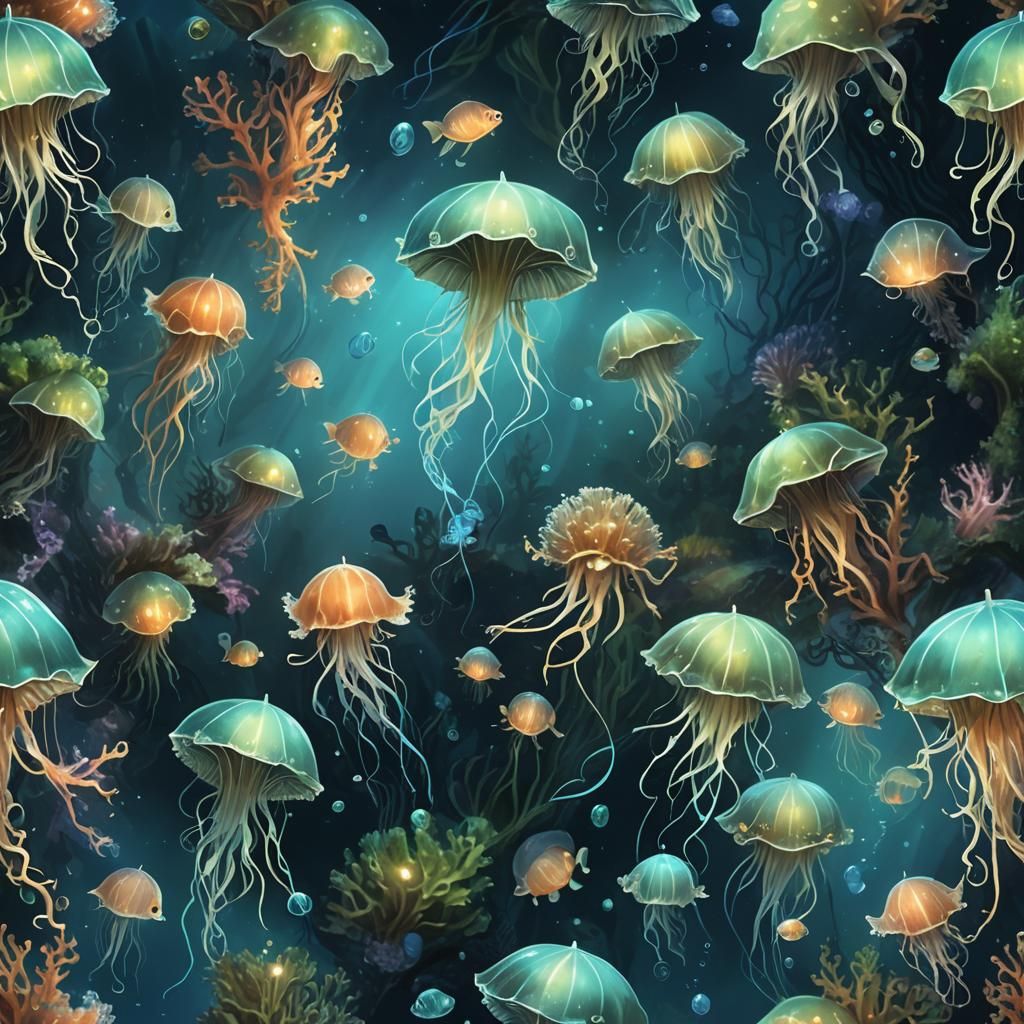 Bioluminescent Anglerfish and Jellyfish in Underwater Scene