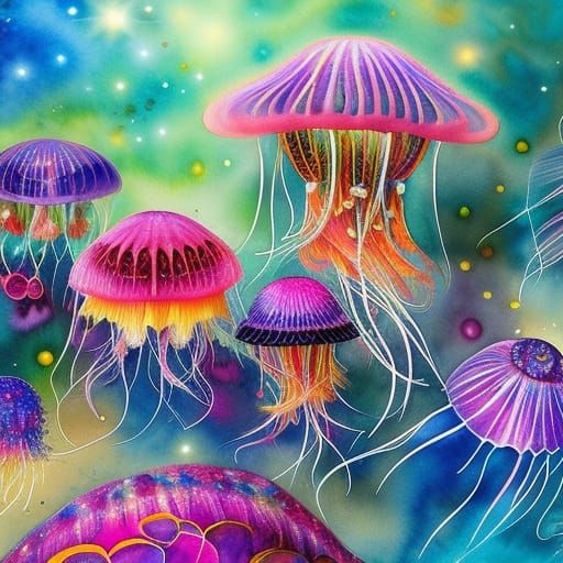 Colorful Jellyfish in Watercolor Abstraction