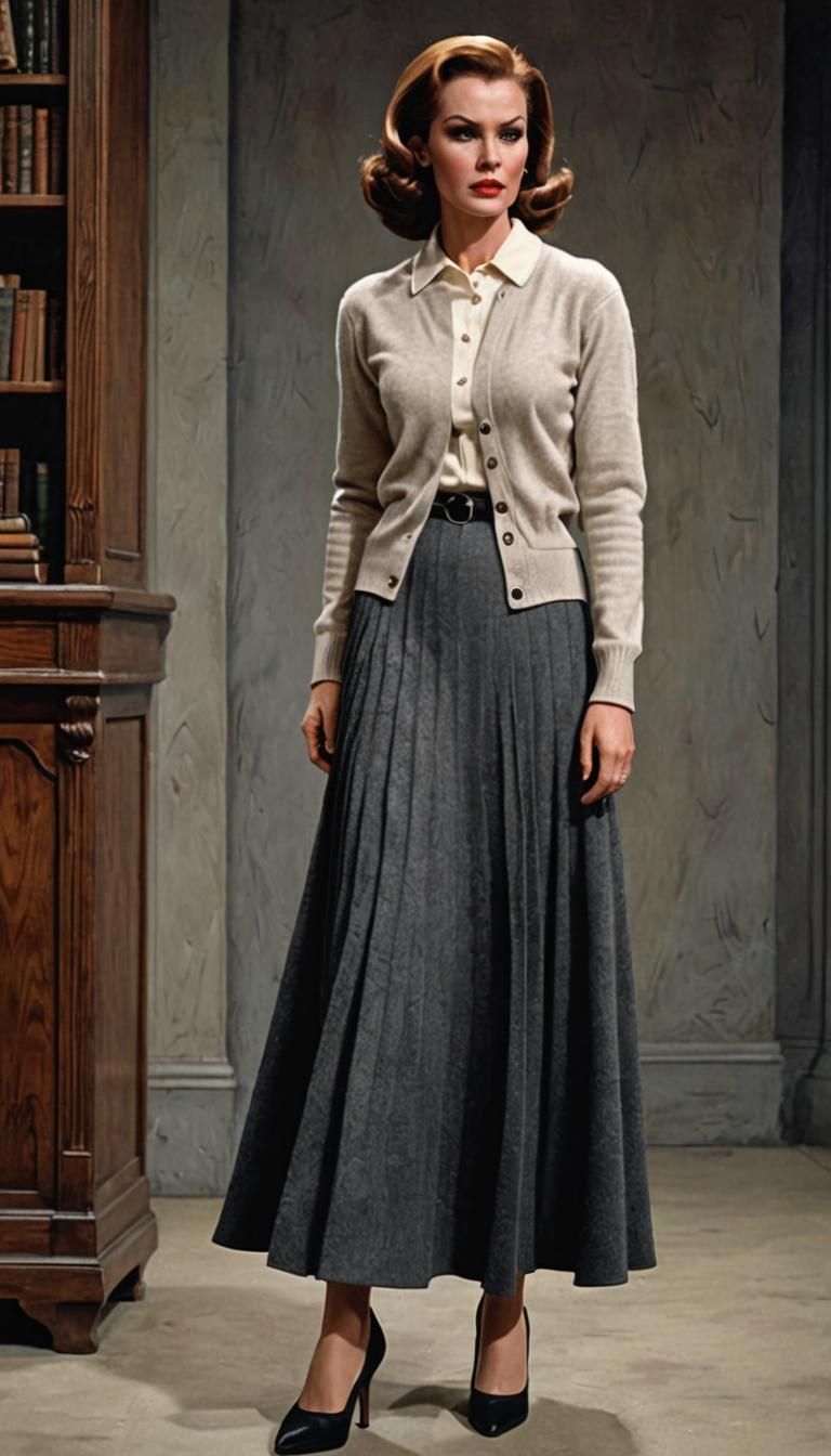 Governess in Cashmere Cardigan and Wool Skirt