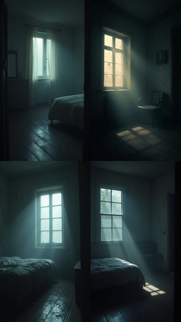 Cinematic Suspense In Dark Bedroom With Soft Window Light