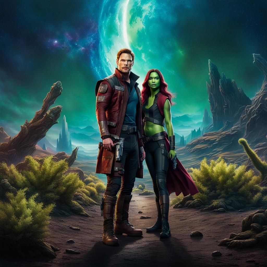 Star Lord and Gamora in Ethereal Cinematic Scene