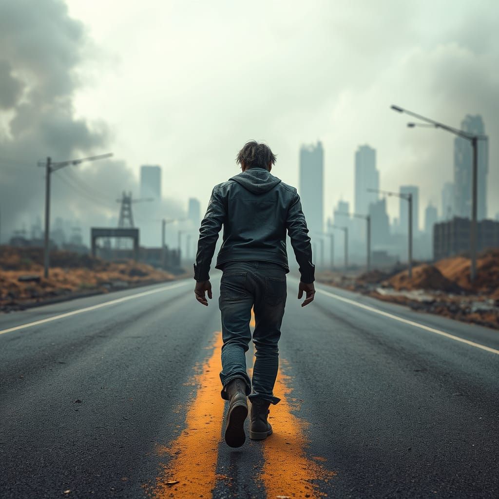 Gritty Cyberpunk Survivor Walks Ruined Highway