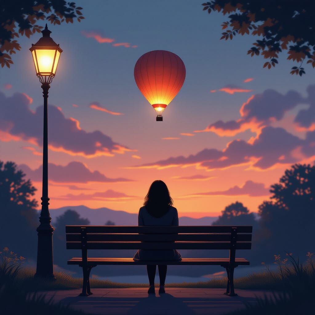 Woman Watches Hot Air Balloon at Twilight, Concept Art Style