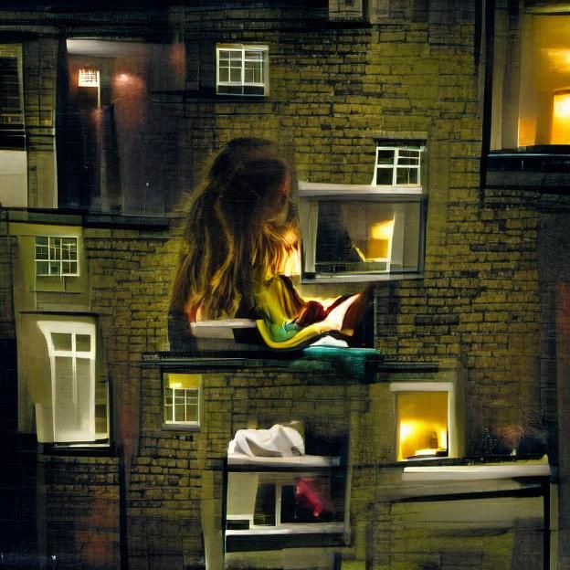 Girl Reading in London Apartment at Night
