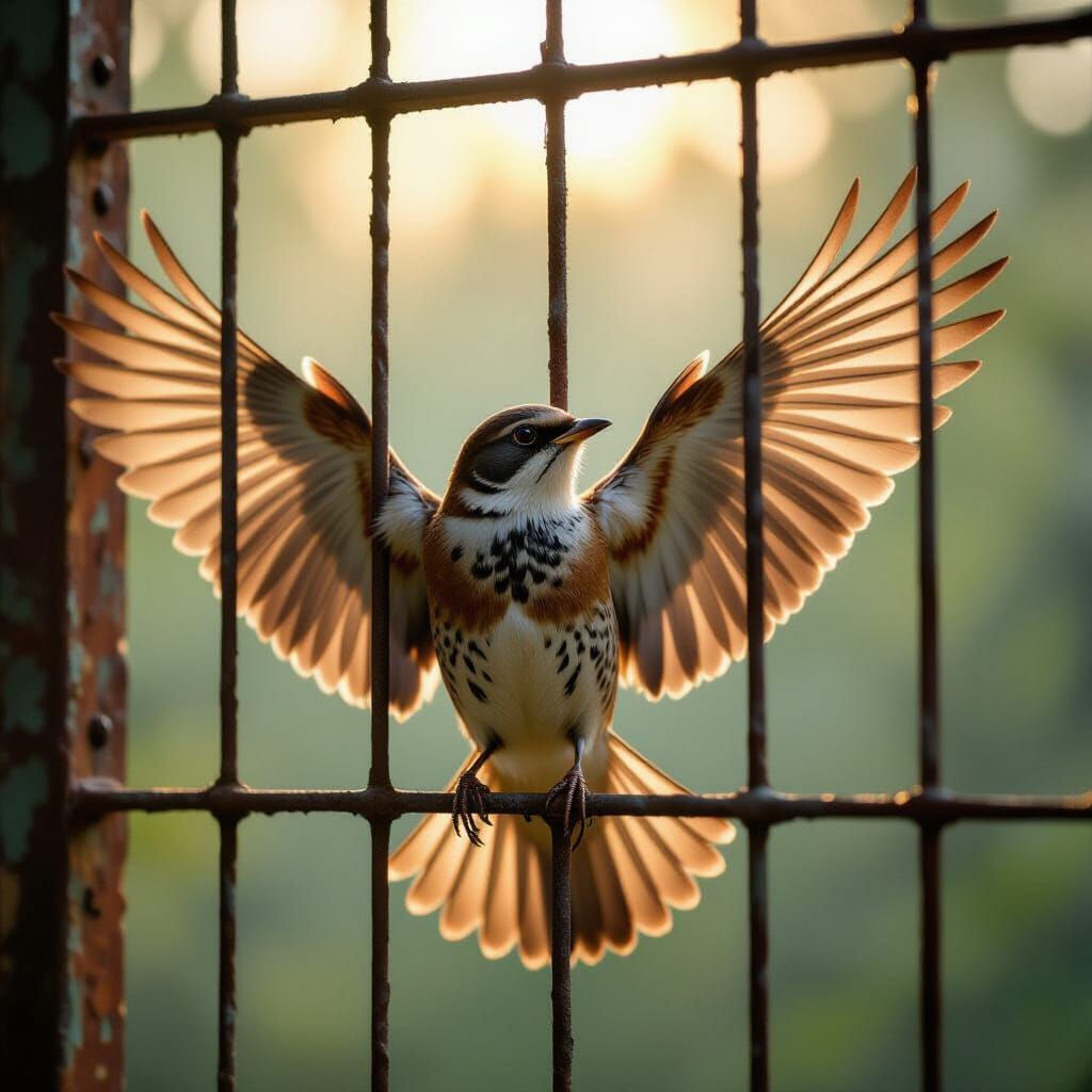 Weary Bird Spreads Wings in Cage