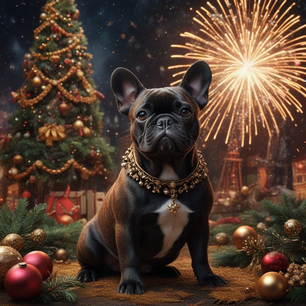 Brown and black french bulldog celebrate New Year