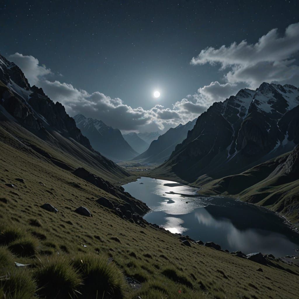 Bright Moon Over Foggy Mountains and Lake at Night