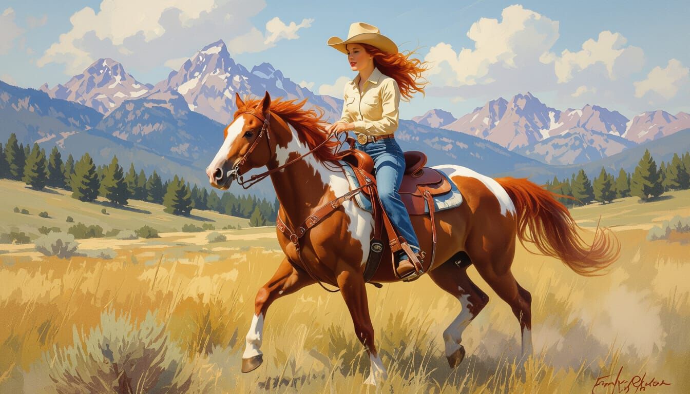 Cowgirl on Horseback: Impressionistic Oil Painting