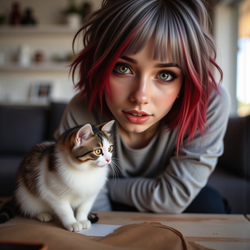 Woman With Red & Grey Hair Petting Cat