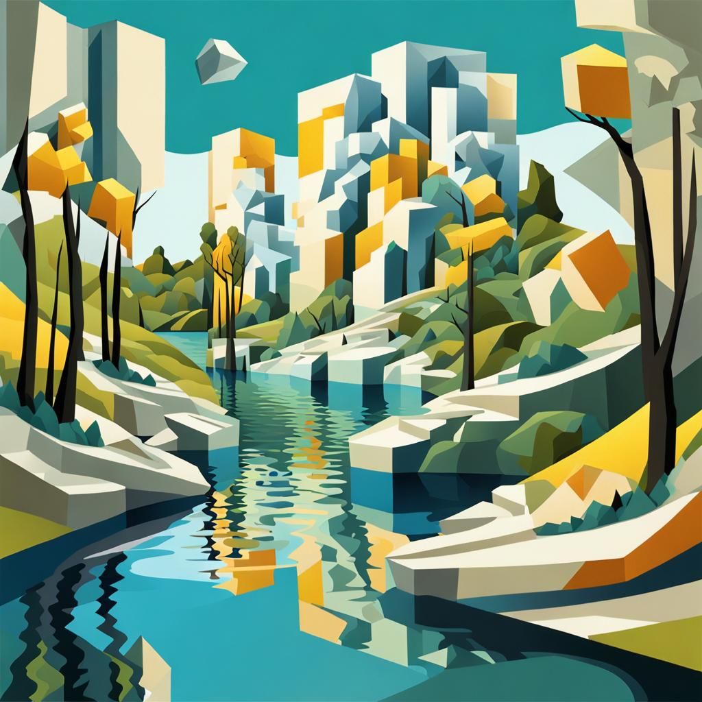 Cubist Landscape with Winding Waterway in Surreal Style