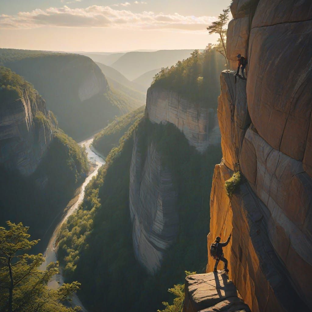 Rock Climber Ascends Red River Gorge Cliff at Sunset