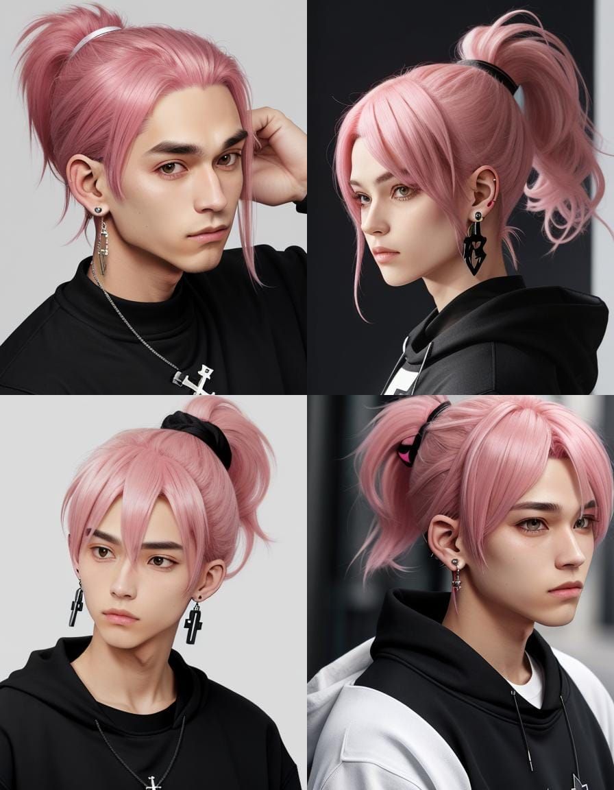 Boy with Pink Ponytail and Cross Earrings