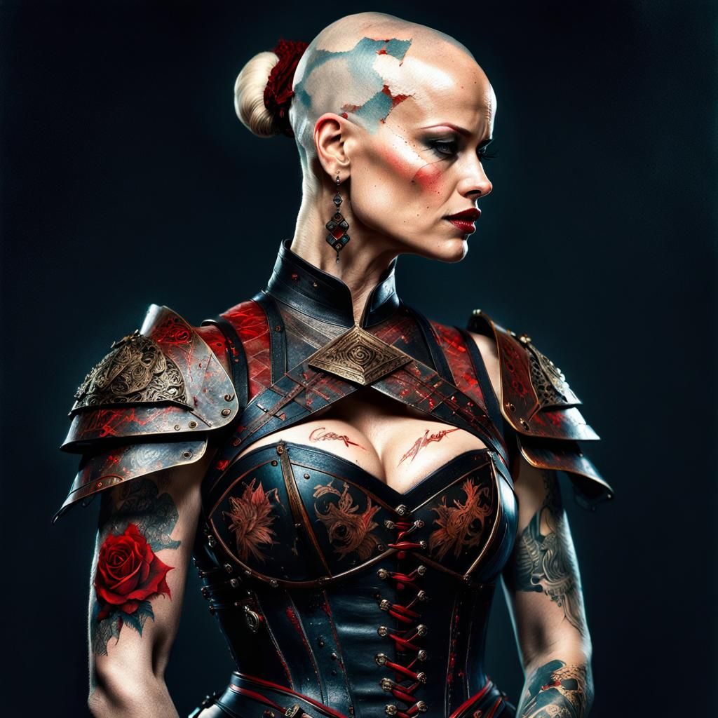 Bald Warrior with Tattoos in Pin-Up Style