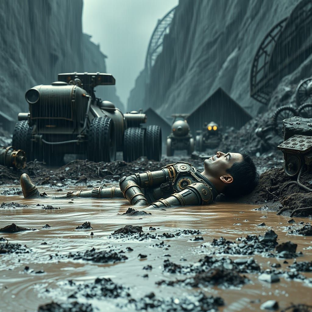 The Last Steampunk Replicant Expires Under Rainy Skies