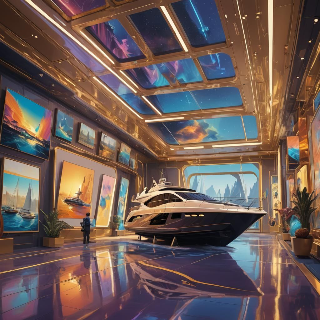 Futuristic Yacht Soaring Through Art Gallery