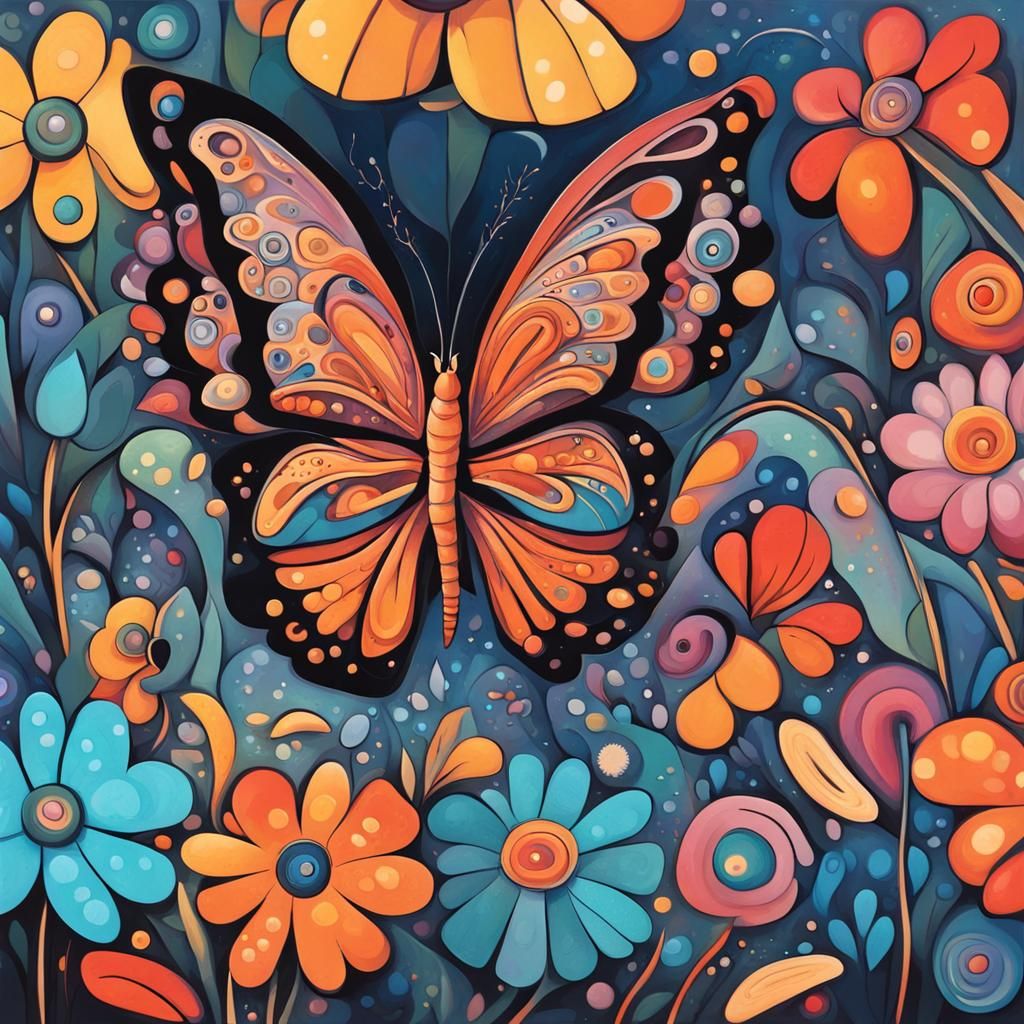 Butterfly in Magical Garden Cartoon Abstract Art