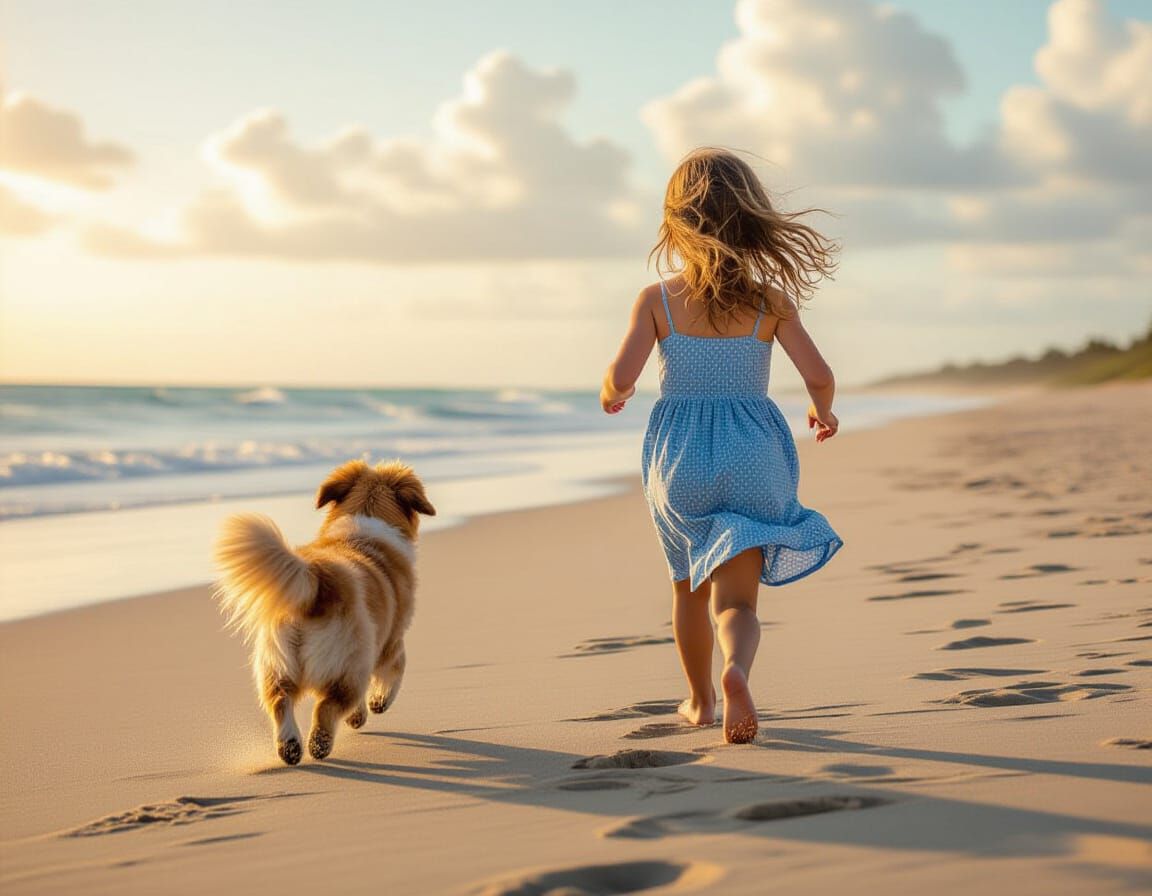 Girl and Dog on Beach with Dramatic Lighting