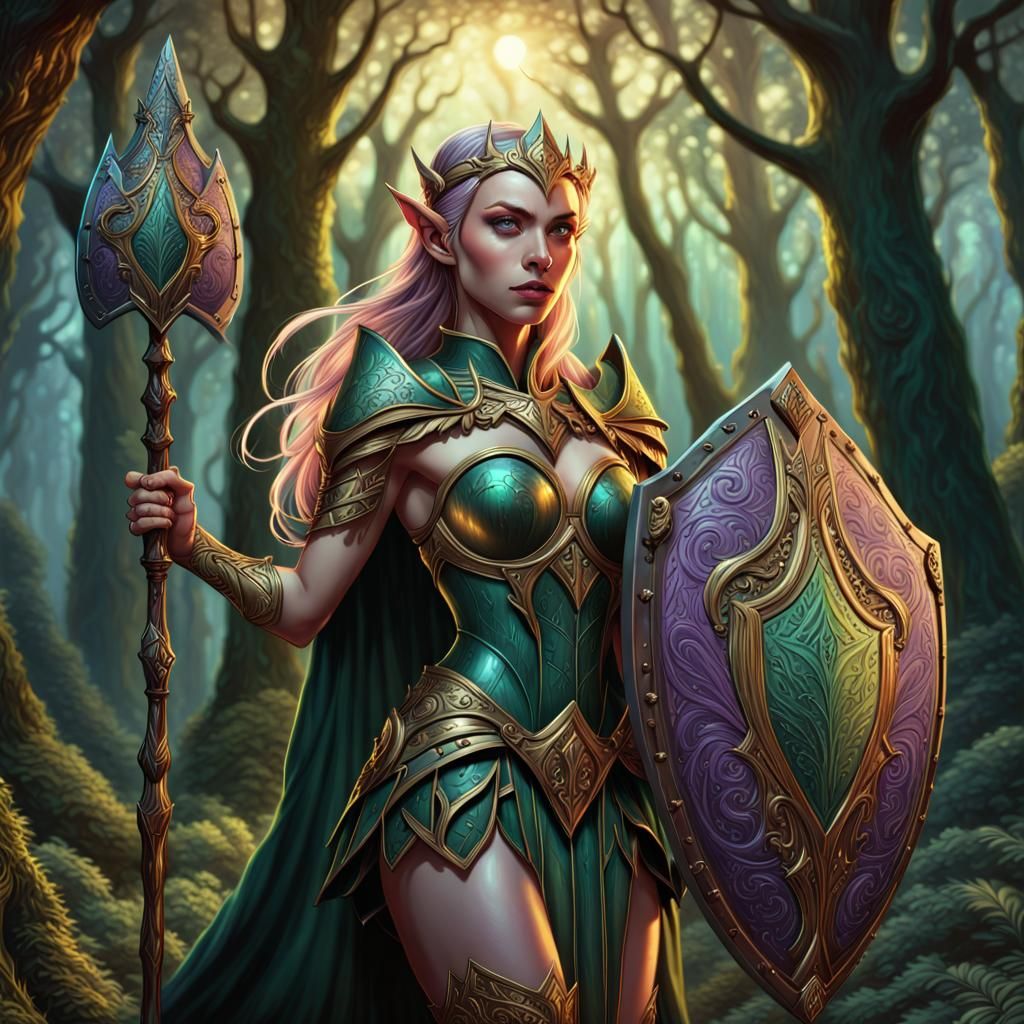 Epic Elf Queen with Shield in Mythical Forest