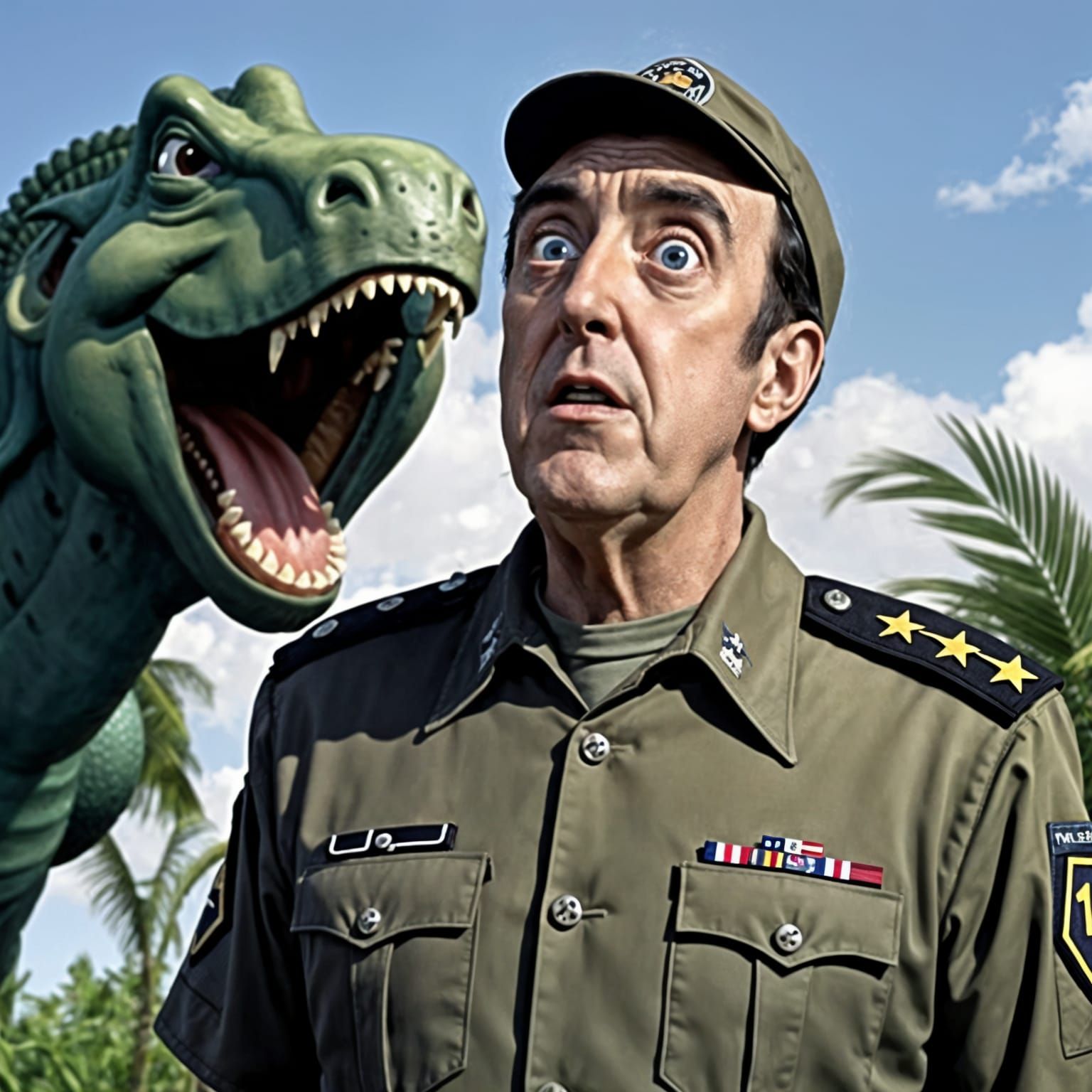 Surprised Man Staring at Brontosaurus in Jungle