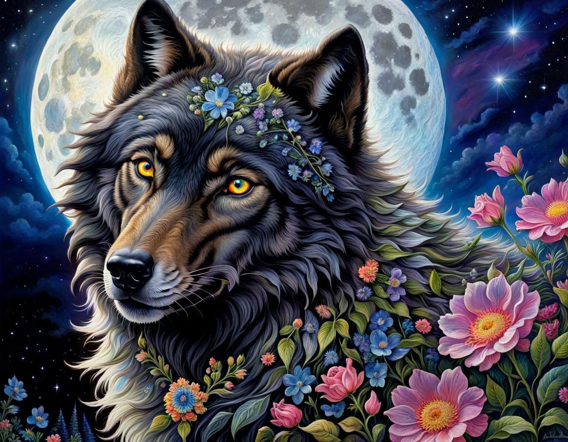 Majestic Black Wolf in Floral Explosion